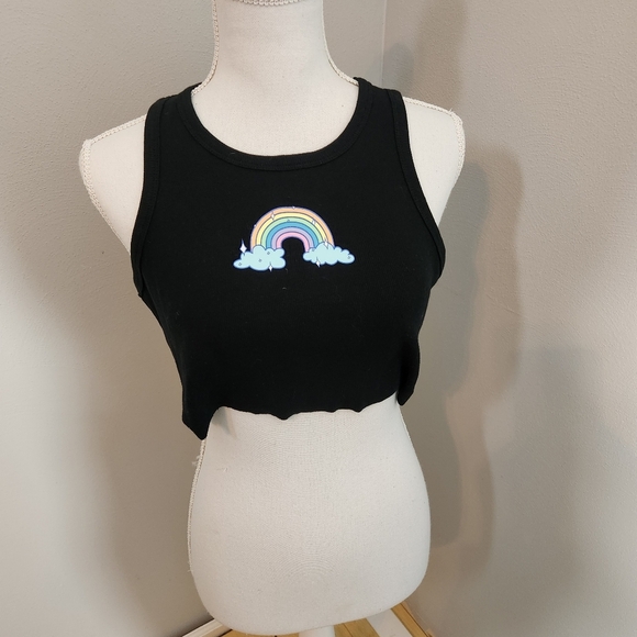 PacSun Black Sleeveless Crop Top with Scoop Neck & Rainbow Graphic  size S - Picture 2 of 11
